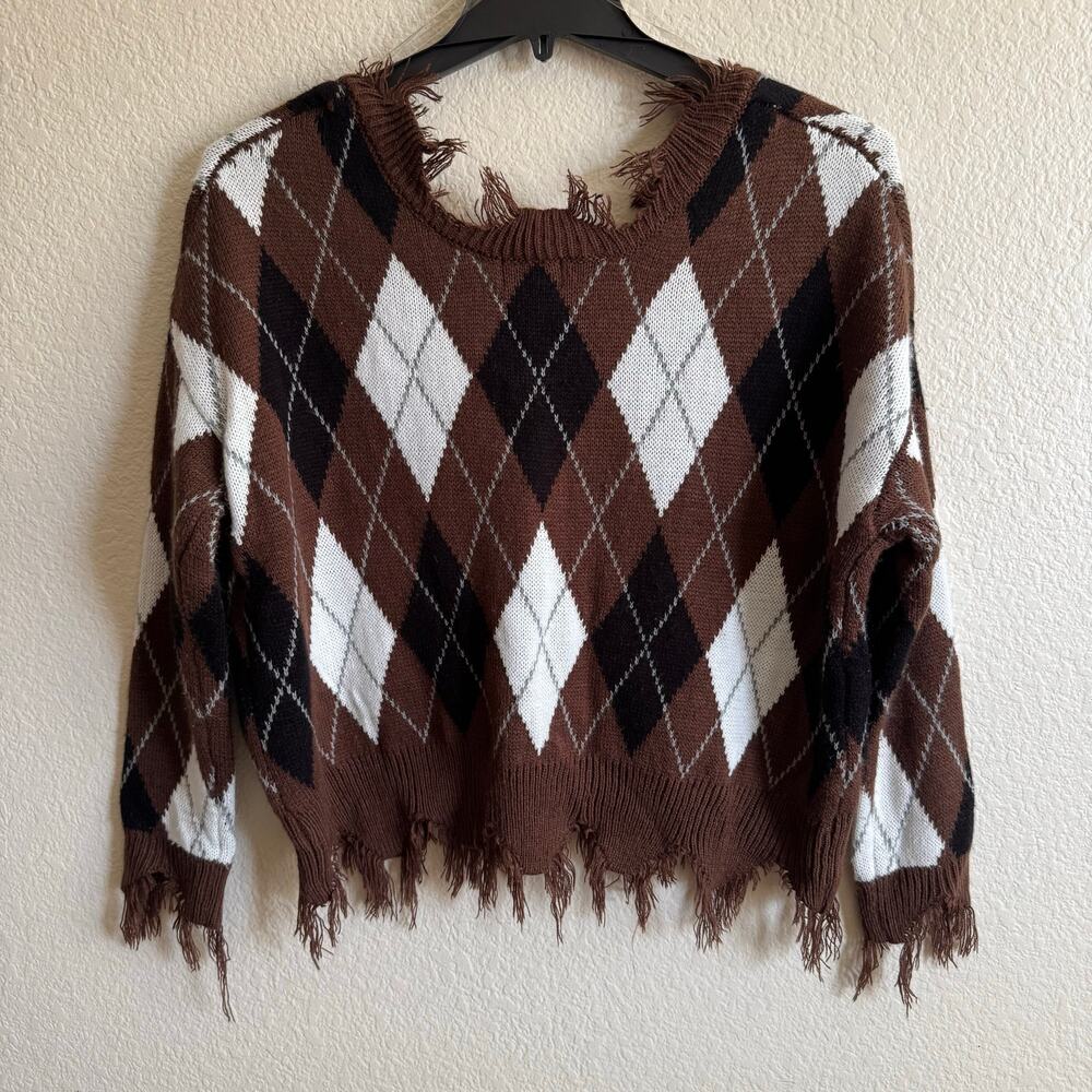 Just Polly NY Argyle Plaid Fringe Hem Long Sleeve Preppy Academia Sweater Size M - Picture 2 of 7